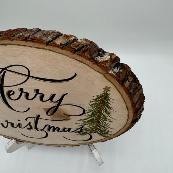 Natural hand cut wood slice hand painted with Merry. Christmas and Tree raw edge - Picture 6 of 10